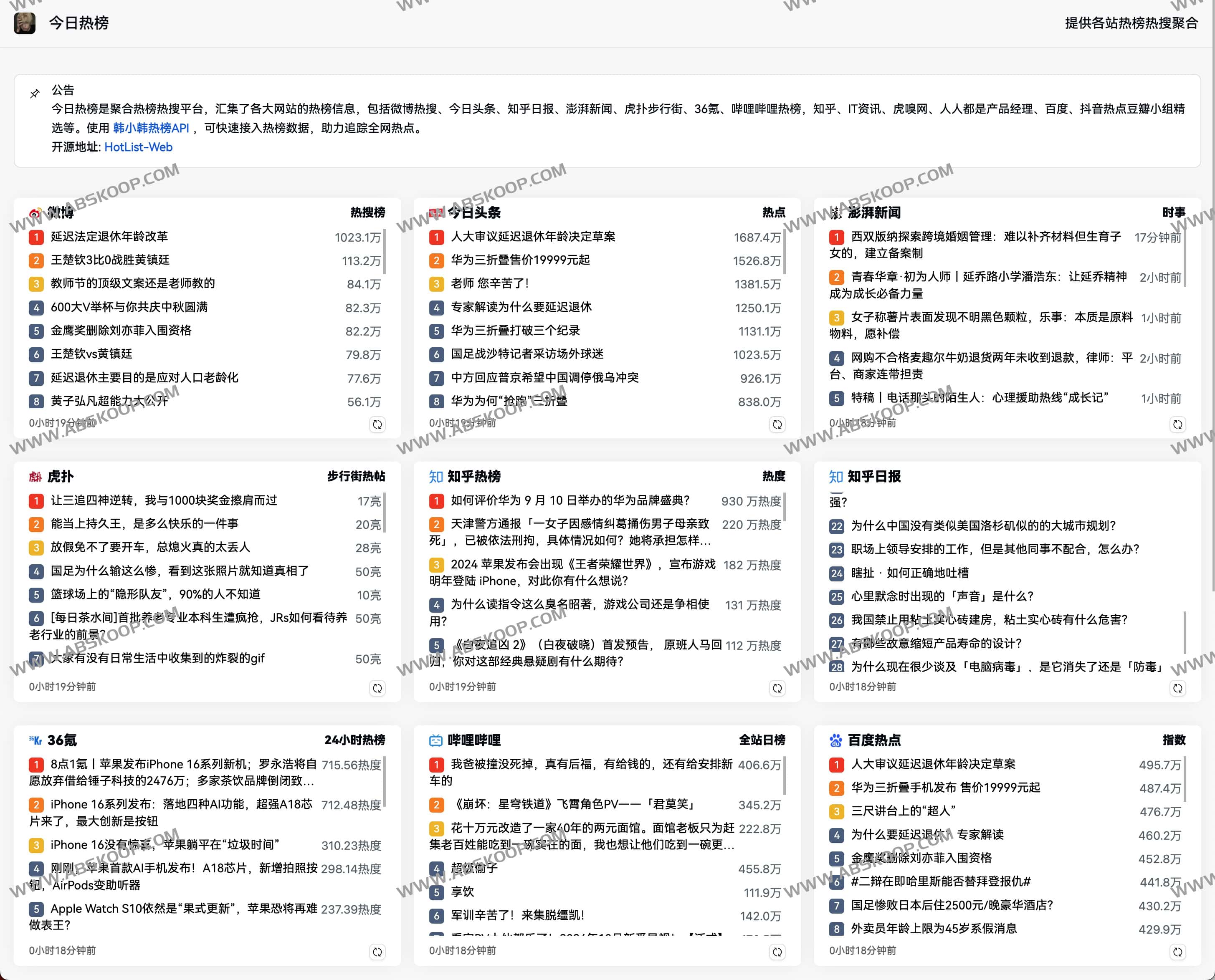 HotList Web 今日热榜：聚合热榜热搜平台 汇聚全网热点-边缘人的资源库